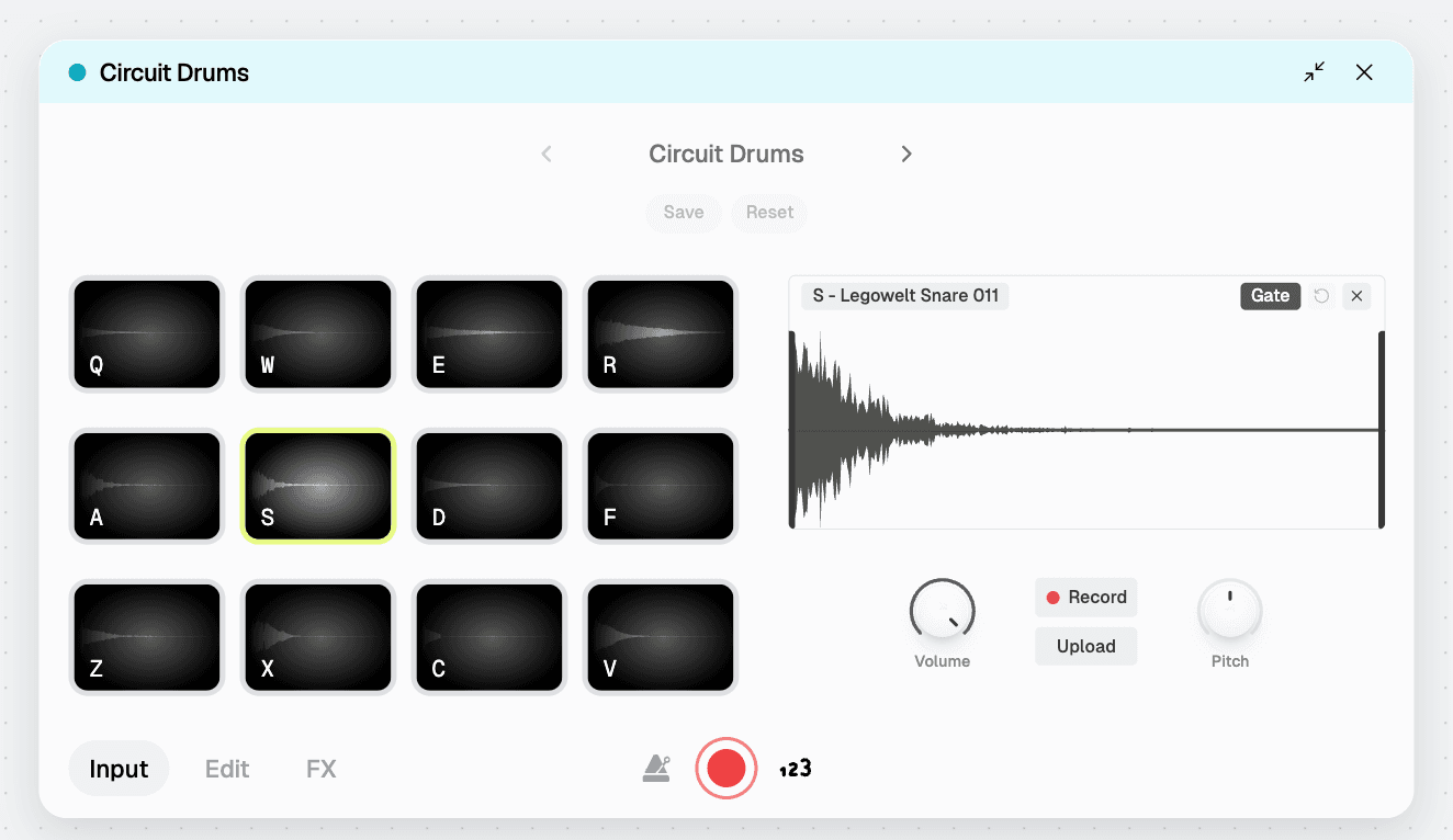 The riffle drum sampler with backlit pads and the waveform editor
