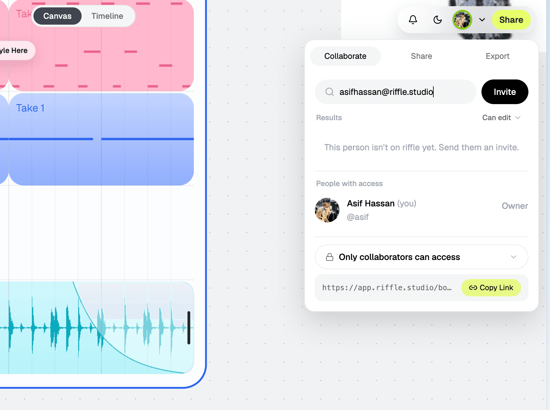 Inviting someone to a board by email from the share panel
