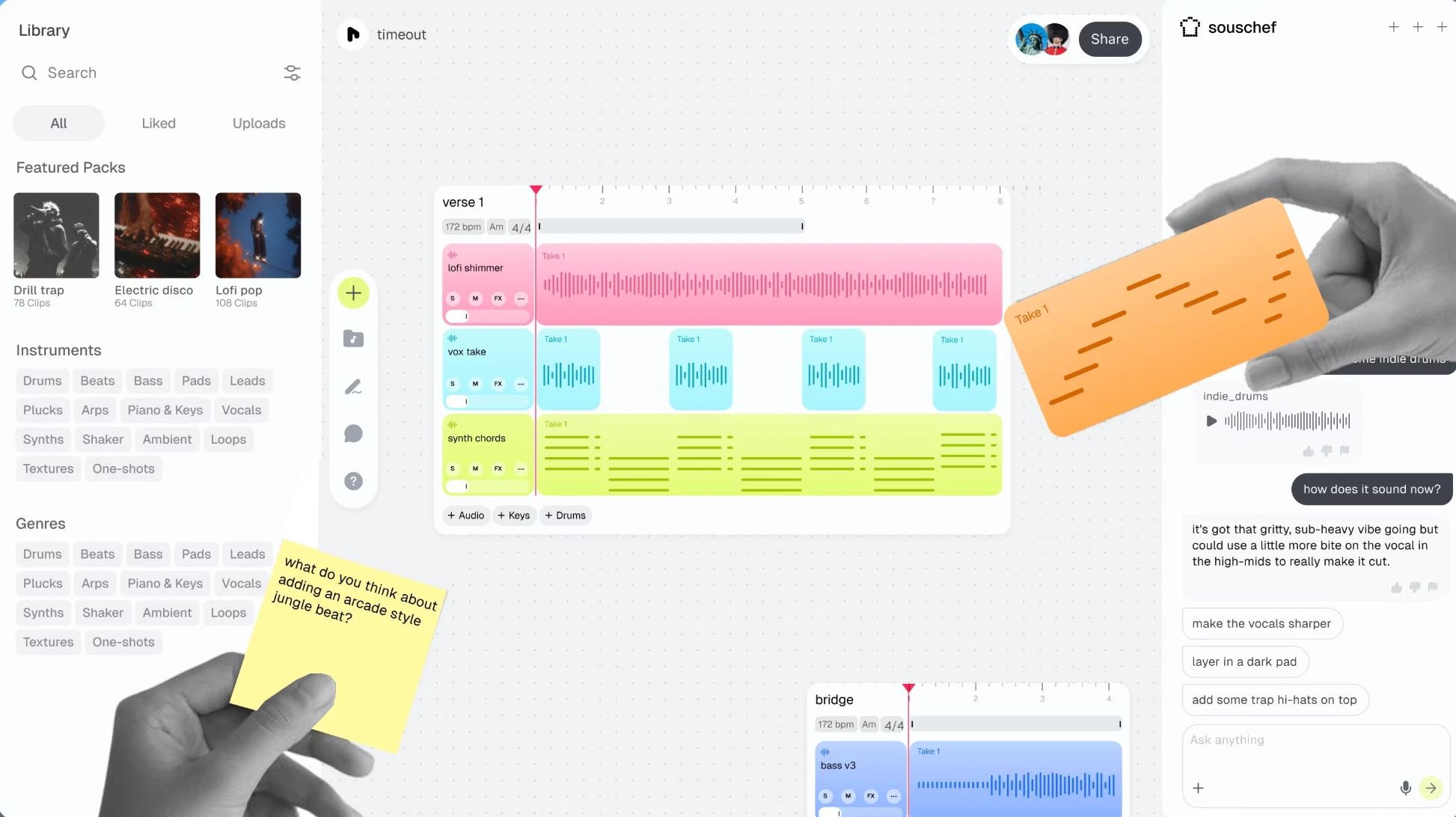 a riffle board: library, takes, and sous chef on one canvas