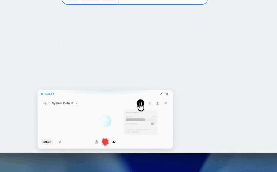 Monitoring your recording through the headphones button in the live input window
